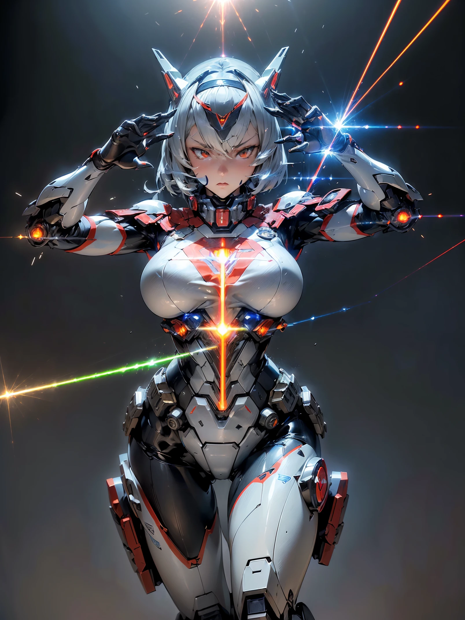 A woman wearing Ultraman Robo Armor,(((A laser beam is emitted from the special move pose.:1.5))),(tactical full face mask),(Silvery body:1.1),(sensually:1.4),(large full breasts:1.3),(long legged:1.1),(A detailed eye:1.3),(A detailed face:1.3),(Detailed weapons:1.3),(Detailed body:1.3),(full bodyesbian:1.5),(The background is the hero's special move effect:1.5),逼真,(((masutepiece,Extremely detailed, Heavy mechs, hard surface)))
