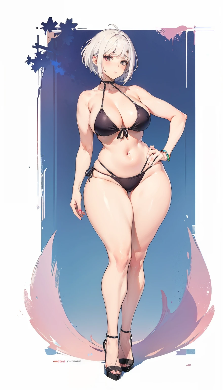 SFW, (short ((white hair))), (bikini), curvy, sexy pose, big legs, exposed legs, thick thighs, sexy thighs, thin waist, small waist, perfect figure, full body, high heels