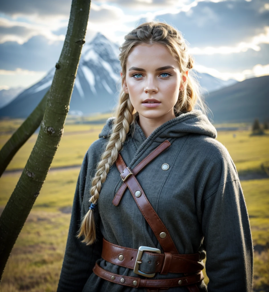 1 woman, solo focus, 24 years old, beautiful Norwegian girl, Athletic body, braided hair, sidecut, viking costume, medium breasts, blue-grey eyes, very pale skin, screaming, masterpiece, insane details, realistic, detailed face, face paint, detailed skin texture, brutal, tough , determined, ultra high res.photorealistic:1.4, UHD, full body shot, viking area Battlefield in the background