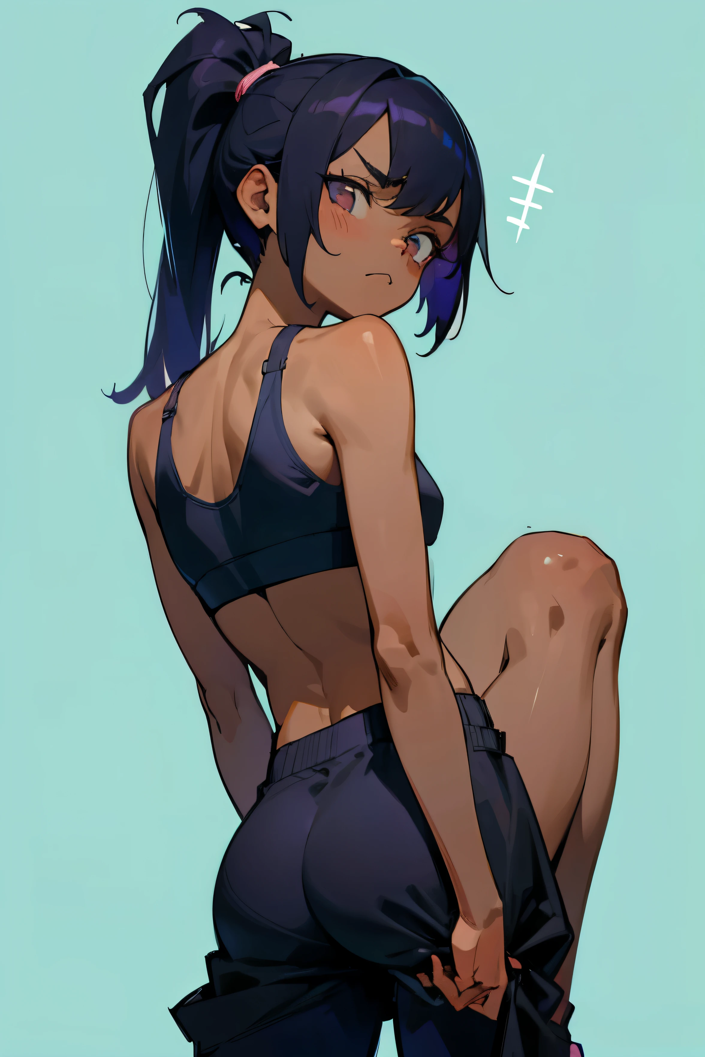 petite dark-skinned girl、Sportsbra、deadpan、Squinting eyes、poneyTail