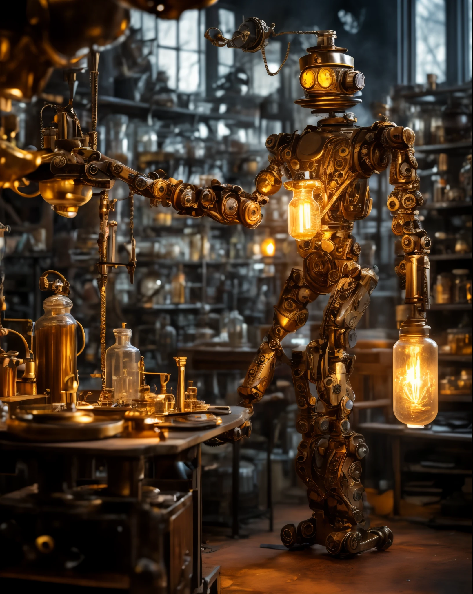 A robot Butler in a bustling sci-fi space station, its sleek metallic design complementing the high-tech environment, serving drinks to diverse humanoid and alien patrons in a lively, neon-lit bar, the scene filled with laughter and conversations, conveying a sense of camaraderie and intergalactic socializing