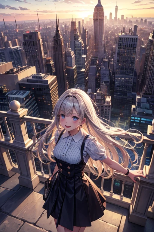 (masterpiece:1.2) (best quality) (detailed) (intricate) (8k) (HDR) (wallpaper) (cinematic lighting) (sharp focus),1girl, building, chain-link_fence, fence, skyscraper, cityscape, ferris_wheel, blue_sky, city, racket, sky, blush, tennis_racket, skyline, rooftop, architecture, smile, day, east_asian_architecture, lens_flare, tower, bridge, house, open_mouth, real_world_location, Abigail