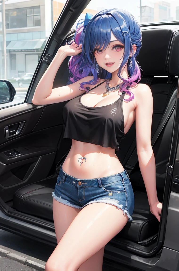 (Best Quality, 8K, 32K, masutepiece, nffsw:1.2), Kizuna Ai, Huge breasts,Long hair, Brown hair, multicolored hair, hair tied, pink hairband, Pink Highlights, striated hair, Smiling, Black tank top, Navel, Navel piercing, Tattoo on the stomach, jeans panties, hose pipe, Car , Car wash , Wet