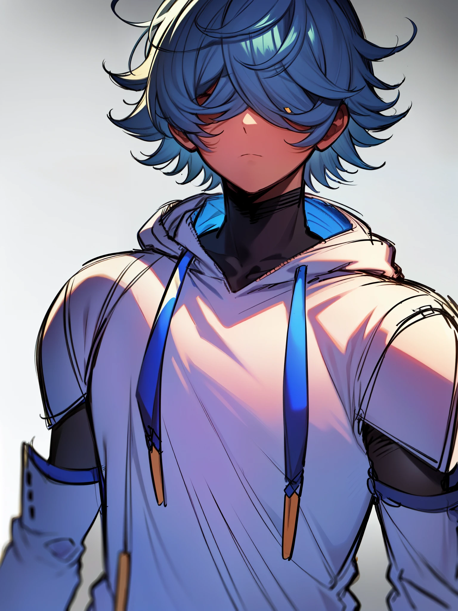 ((hair over eyelack hair)), ((complementary colors)), ((calm expression)), ((dark skin)), ((hoodie)), ((mature male)), 1boy, beautifully drawn, high resolution illustration, best quality, High definition, ((detailed anime sketch)), Masterpiece, (solo), absurdres, portrait, ((upper body)), ((close-up)), ((wild hair)), detailed background, fine detail, male focus, HDR, ((short hair)),
