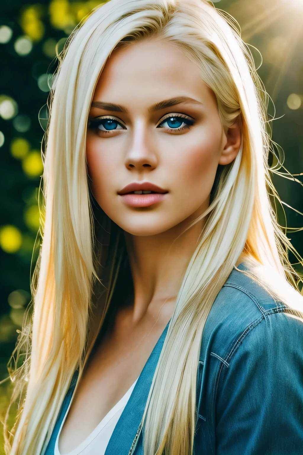 A blond young sexy woman with long hair and hot clothes sits in nature, blue eyes, masterpiece, best quality, color, light, shadow, reflection, refraction, tone, contrast, foreground, middle ground, background, naturalistic, bigger lips