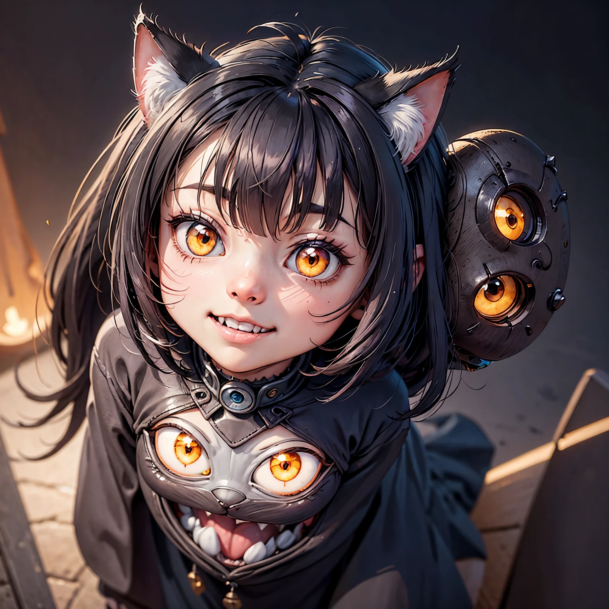 (hightquality、in 8K、Ulutra HD)、Front view of a slightly creepy cat-shaped robot head、Perfect build、iconic design、 modeling、Glowing eyes、A crescent-shaped smiling mouth that splits all the way to the ears.....................、Digital Painting、concept-art、three-dimensional light reflection、2d render、Art Germ、ArtStat Trends, Beautiful Anime Cat Girl,circling whiskers