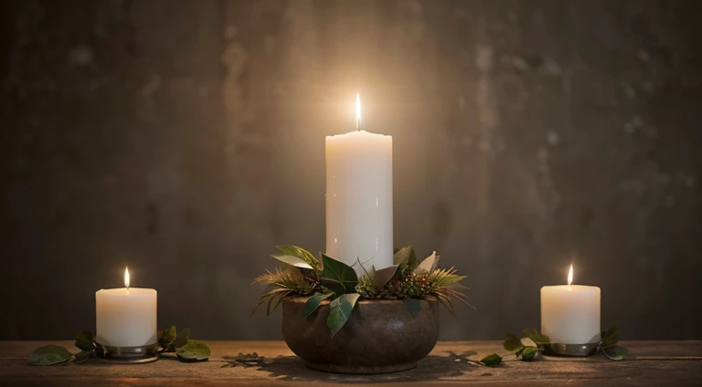 A romantic white candle arrangement, decorations, some plants, leaves, dark, cinematic, dramatic light, erotic, Christmas decoration, minimalistic, realistic....