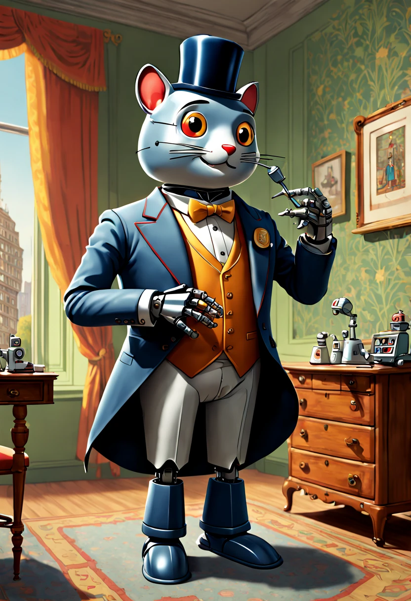 a Robot butler, tailcoat, working, by Richard Scarry, enhance, intricate, (best quality, masterpiece, Representative work, official art, Professional, unity 8k wallpaper:1.3)