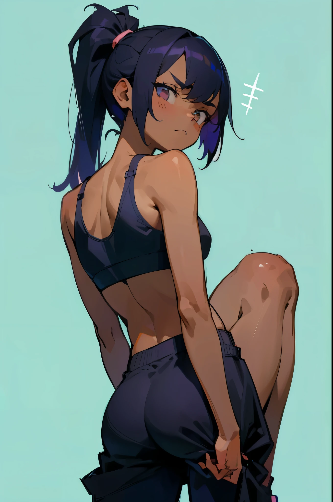 petite dark-skinned girl、Sportsbra、deadpan、Squinting eyes、poneyTail、beautidful eyes