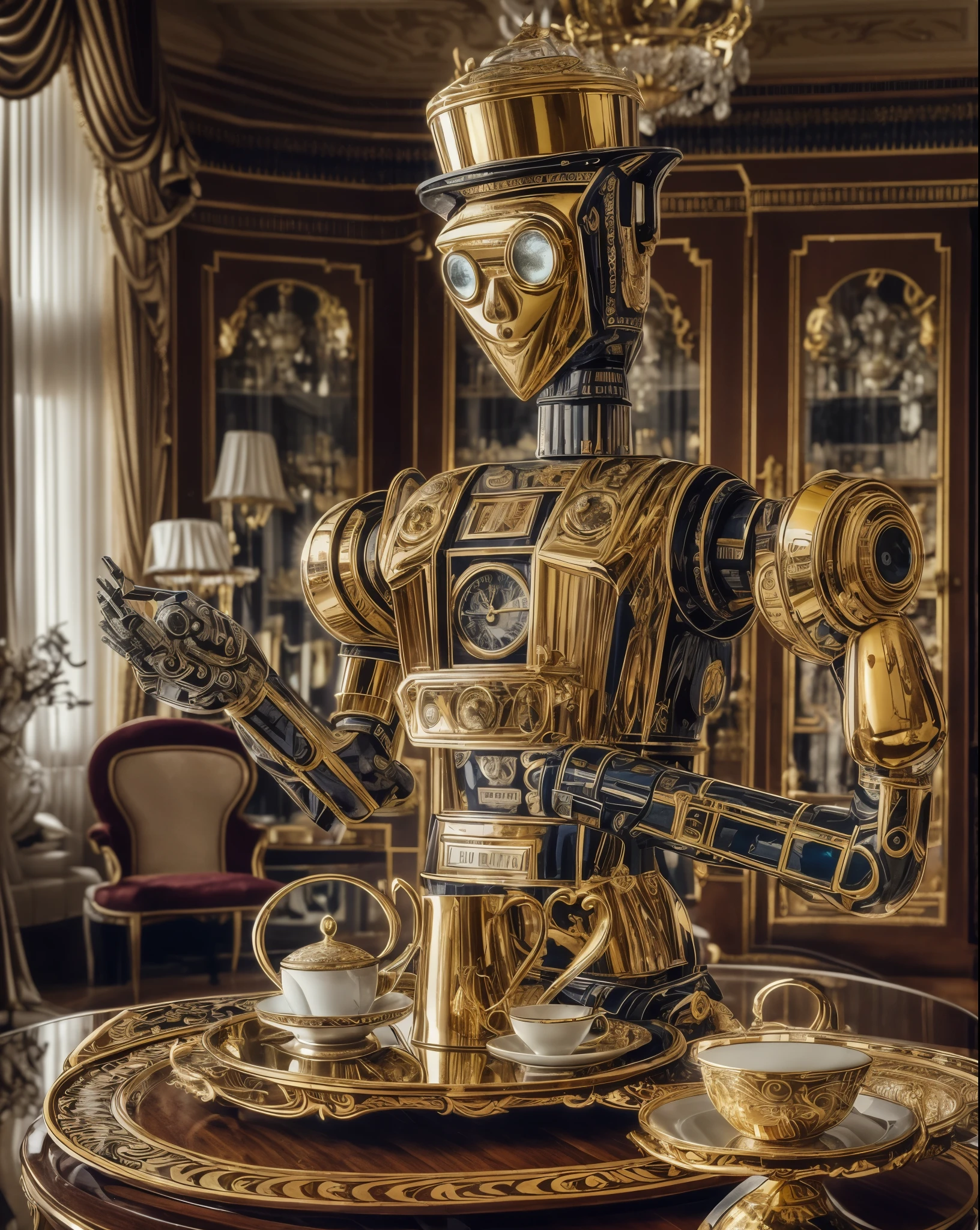 A robot Butler in a bustling sci-fi space station, its sleek metallic design complementing the high-tech environment, serving drinks to diverse humanoid and alien patrons in a lively, neon-lit bar, the scene filled with laughter and conversations, conveying a sense of camaraderie and intergalactic socializing