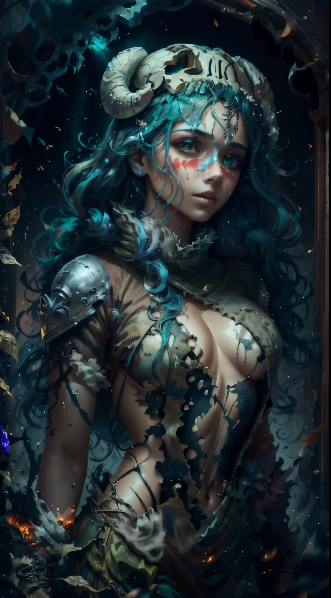 Intricate details, Odel Schwanck's masterpiece:1.2, green hair, skull, torn clothes, underboob, skirt, fantasy00d, vibrant colors, ethereal lighting,hand behind head