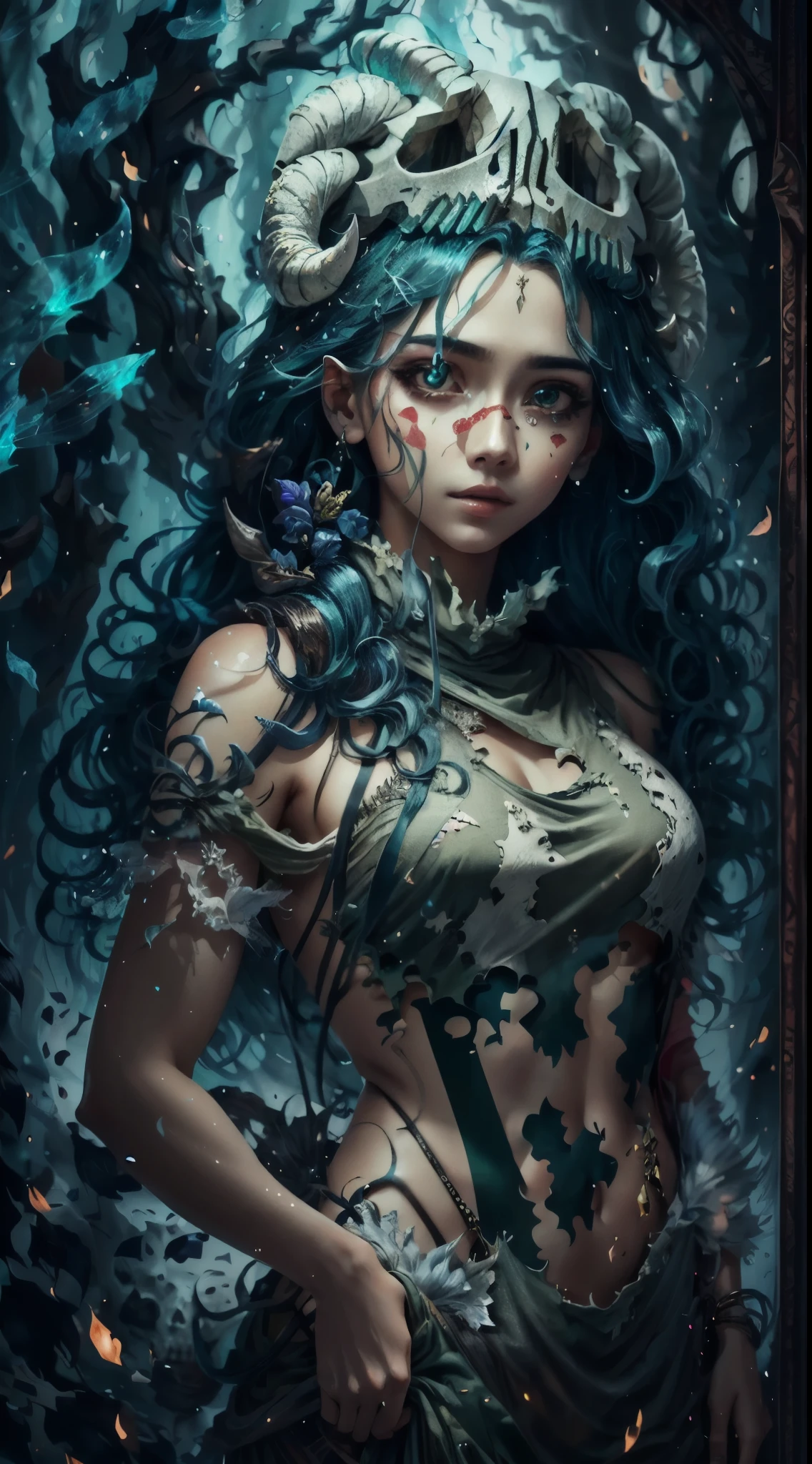 Intricate details, Odel Schwanck's masterpiece:1.2, green hair, skull, torn clothes, underboob, skirt, fantasy00d, vibrant colors, ethereal lighting,hand behind head