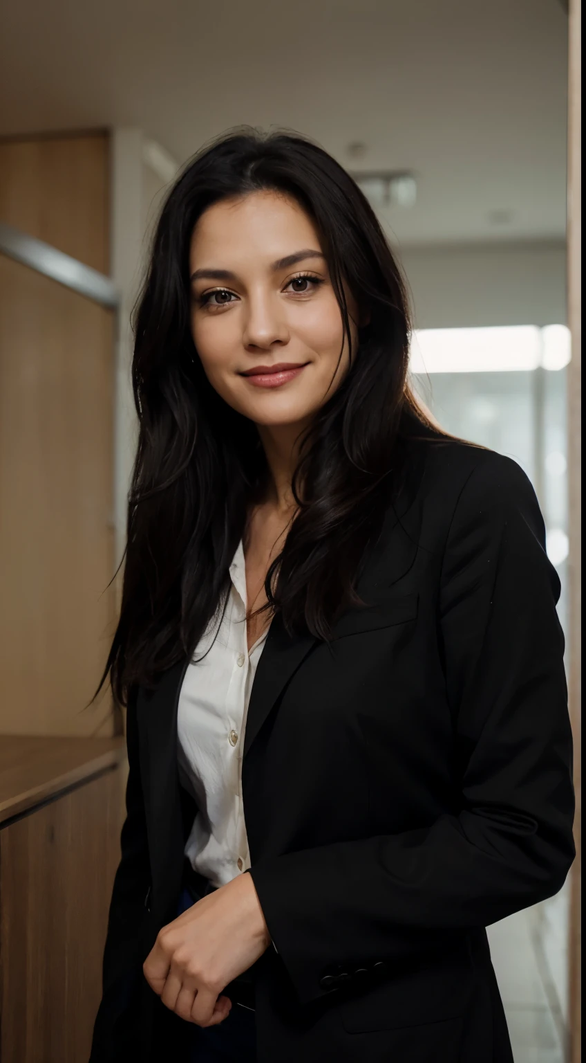 Middle-aged woman, long black hair, captivating smile, dark brown eyes, looking at me, lawyer clothes, 8k