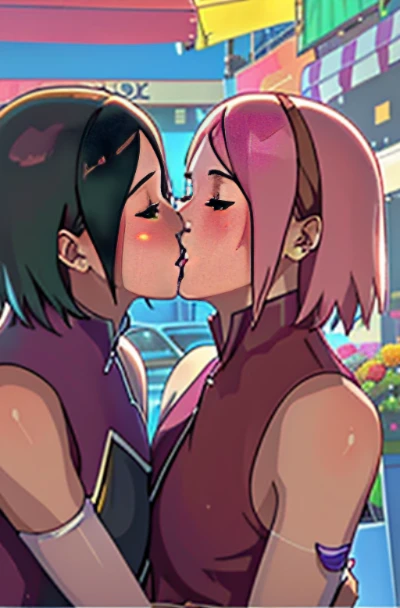 two lesbians share a kiss, tits