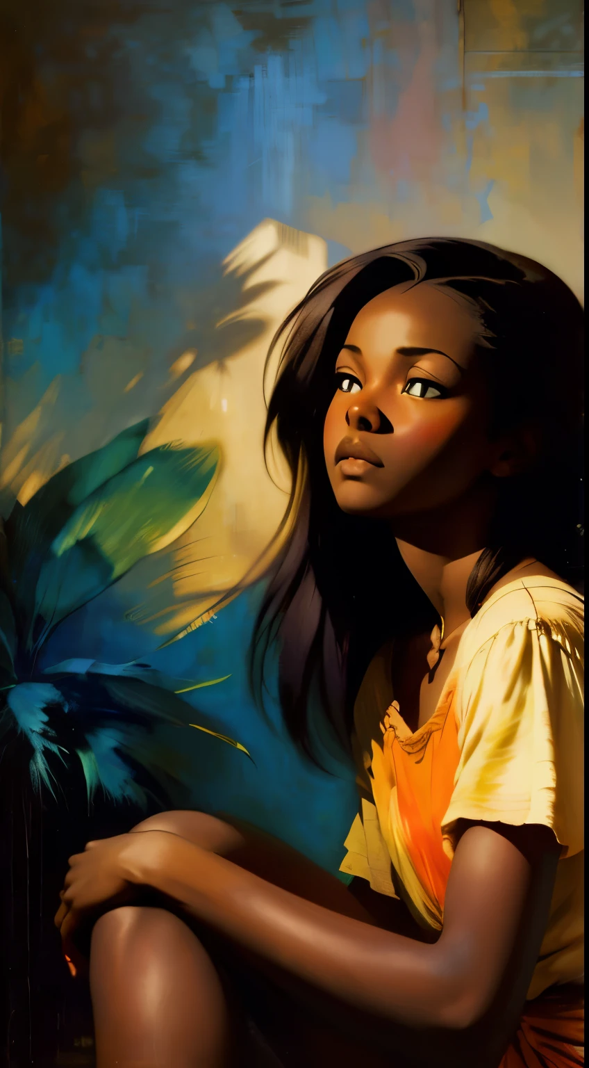 ((Centered,Solo Beautiful Sudanese black woman with dark skin, realistic striking eyes1:1)), casual shirt, mid shot, low angle, sitting against a colorful shadowed painted bedroom wall, art by akihiko yoshida, manga art style, colorfield illustration, mysterious atmosphere, global illumination, by frank frazetta, by goro fujita, blur, anime key visual, (blue, yellow and peach colors), photorealistic, golden ratio, dramatic, long black hair, UHD, intricately detailed, chiaroscuro, pino daeni, impressionist