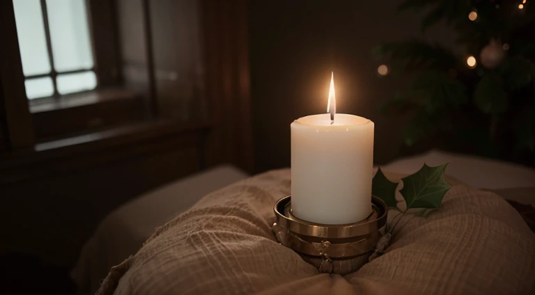 A romantic white candle arrangement, decorations, some plants, leaves, dark, cinematic, dramatic light, erotic, Christmas decoration, minimalistic, realistic.... Upper perspective, some candles and plants, ring and necklace, love, sexy, sexy red pants, hot ambient, intime