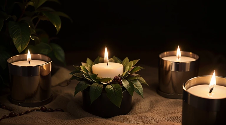 A romantic white candle arrangement, decorations, some plants, leaves, dark, cinematic, dramatic light, erotic, Christmas decoration, minimalistic, realistic.... Upper perspective, some candles and plants, ring and necklace, love, sexy, sexy red pants, hot ambient, intime