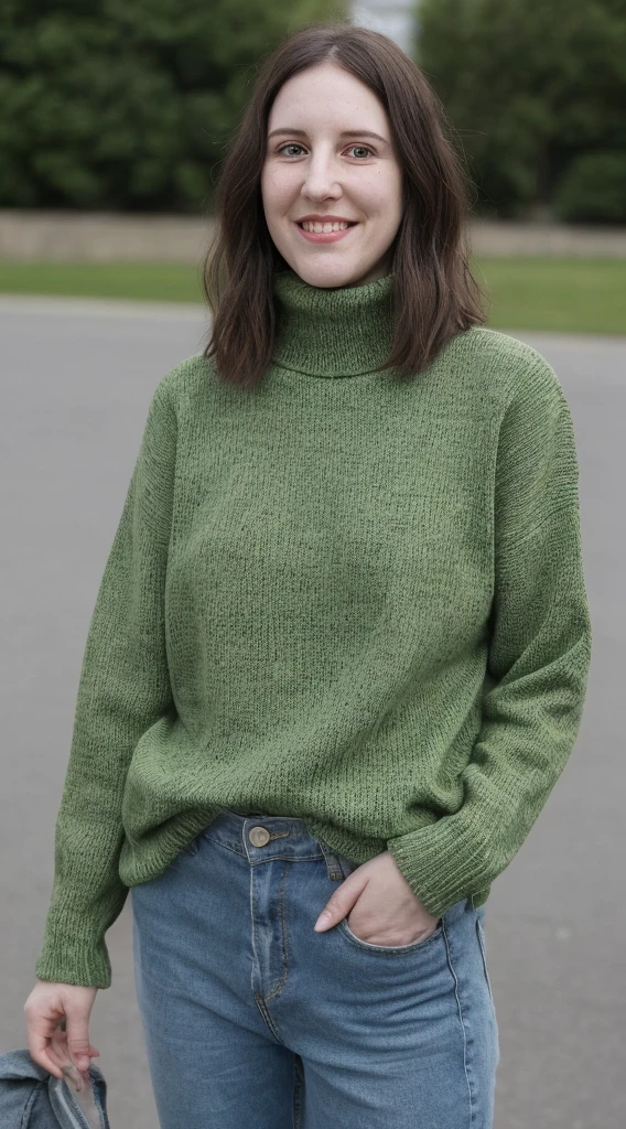 there is a woman smiling for the camera, this person does not exist, ugly woman, very silly looking, wearing a colorful turtleneck knitted sweater with baggy jeans and sneakers, george harrison-brandon davis-allison tolman merged, entire body visible, full body, hyperrealistic, best quality, 8K, real human skin, masterpiece, extremely intricate, medium closeup, detailed eyes, detailed face, detailed body, exaggerated features, pronounced features