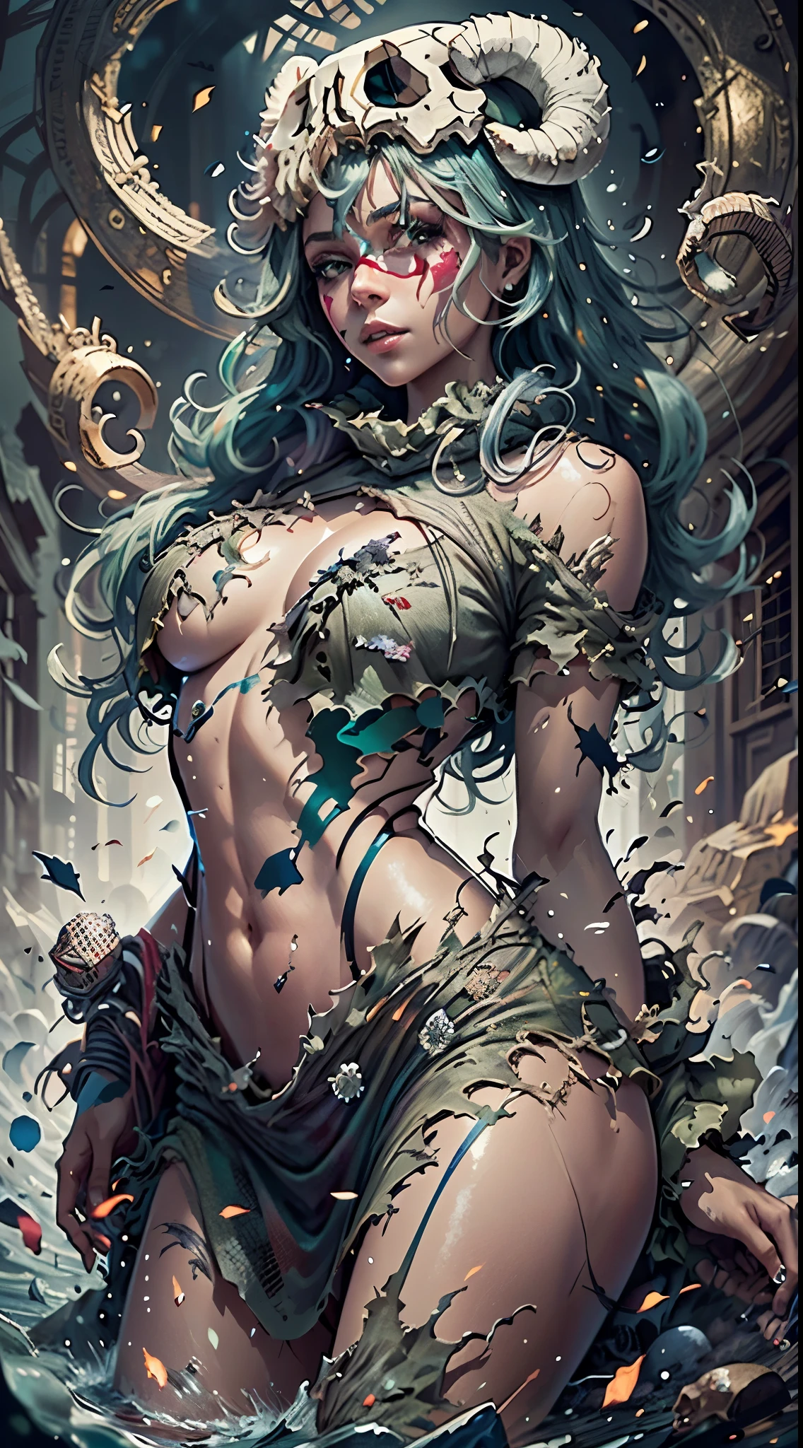 Intricate details, Odel Schwanck's masterpiece:1.2, green hair, skull, torn clothes, underboob, skirt, fantasy00d, vibrant colors, ethereal lighting,hand behind back