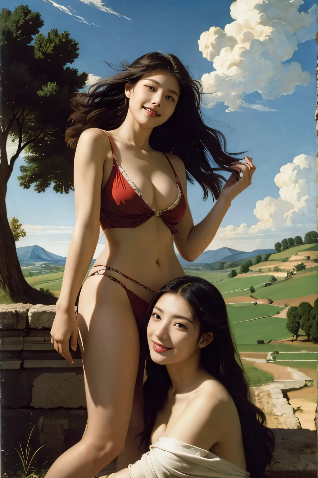 Ancient Roman landscape in the style of Poussin,A smile,,Sweet and seductive appearance.、Caravaggio's paintings、Chiaroscuro of Caravaggio、Hair disheveled in the wind,Two women frolicking,Cute smile, Expression of ecstasy,A sexy,erotick
