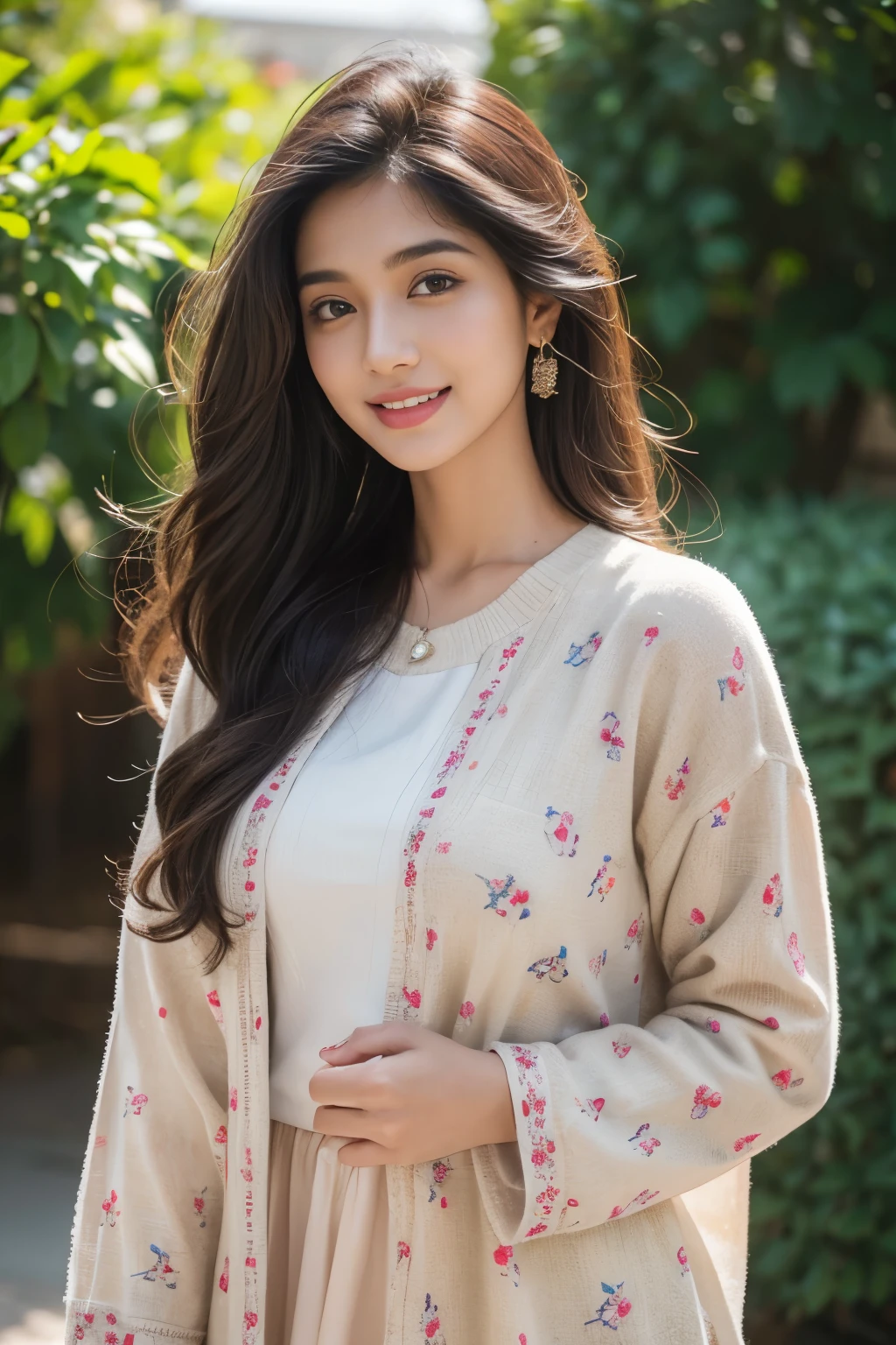 Beautiful ,23 years young Indian girl healthy, confidential looking,8k,realistic, raw photo,dark brown hair,fair skin, indian,long hair,clear facial features,, very detailed, 23years old, innocent face, natural wavy hair, high resolution, masterpiece, best quality, intricate details, highly detailed, sharp focus, detailed skin, realistic skin texture, texture, detailed eyes, professional, 4k, charming smile, shot on Canon, 85mm, shallow depth of field, kodak vision color, perfect fit body, extremely detailed, foto_\(ultra\), photorealistic, realistic, post-processing, maximum detail, roughness, real life, ultra realistic, photorealism, photography, 8k uhd, photography wearing Printed kurta, flour patchwork jumper  jacket, walking|Joyful smile|Lush gardens