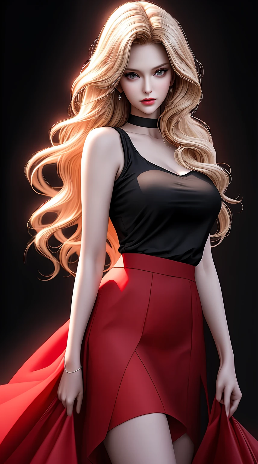 a woman with long blonde hair wearing a red skirt and black top, trending on artstration, beautiful digital artwork, stunning art style, beautiful artwork, high quality portrait, high quality digital painting, black art, stunning artwork, realistic digital art 4 k, realistic digital art 4k, girl fanart, gorgeous art, realistic artstyle, high quality 16k digital art