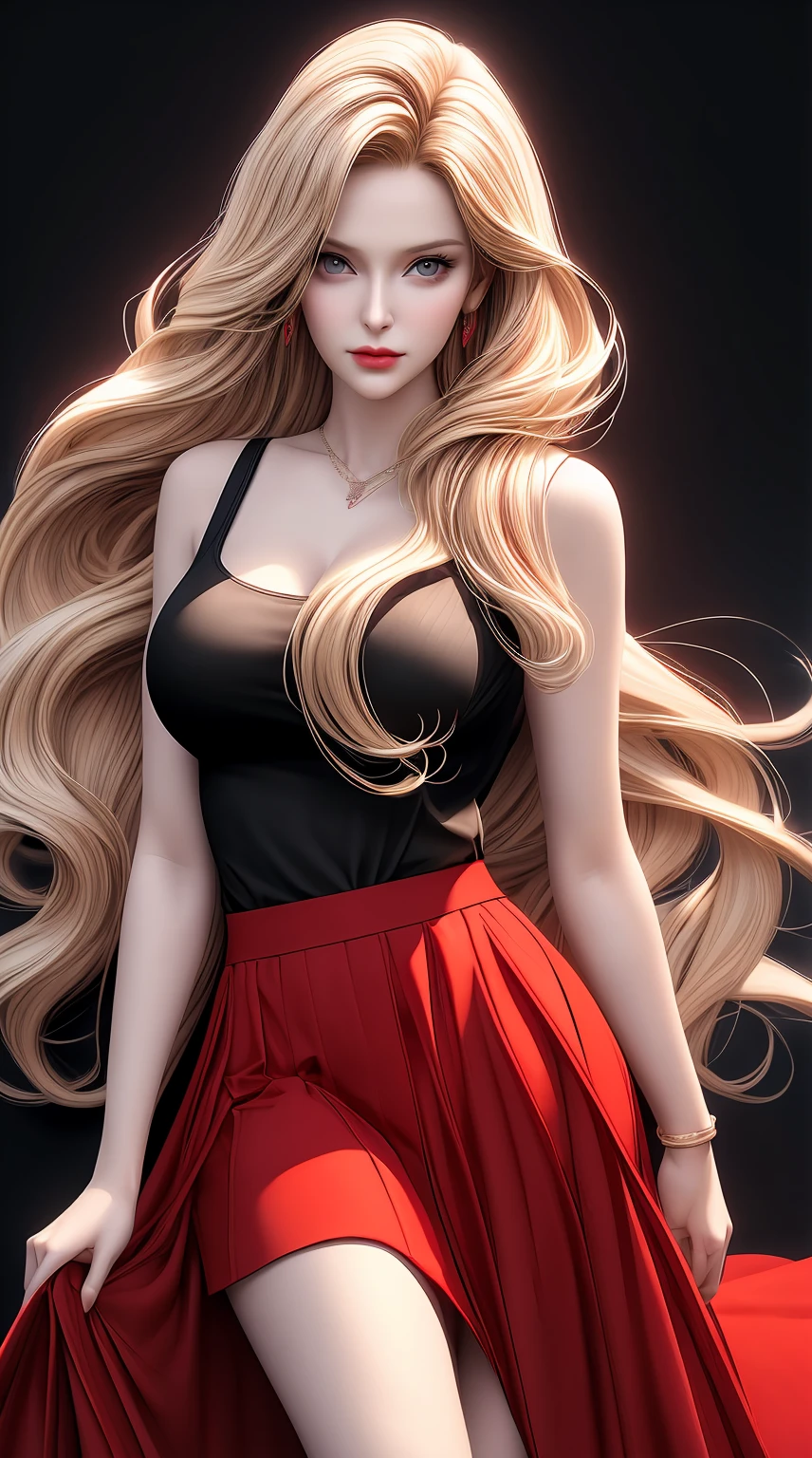 a woman with long blonde hair wearing a red skirt and black top, trending on artstration, beautiful digital artwork, stunning art style, beautiful artwork, high quality portrait, high quality digital painting, black art, stunning artwork, realistic digital art 4 k, realistic digital art 4k, girl fanart, gorgeous art, realistic artstyle, high quality 16k digital art