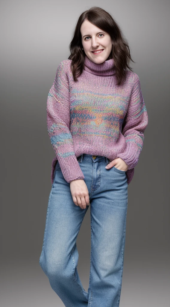 there is a woman smiling for the camera, this person does not exist, ugly woman, very silly looking, wearing a colorful turtleneck knitted sweater with baggy jeans and sneakers, george harrison-brandon davis-allison tolman merged, entire body visible, full body, hyperrealistic, best quality, 8K, real human skin, masterpiece, extremely intricate, medium closeup, detailed eyes, detailed face, detailed body, exaggerated features, pronounced features