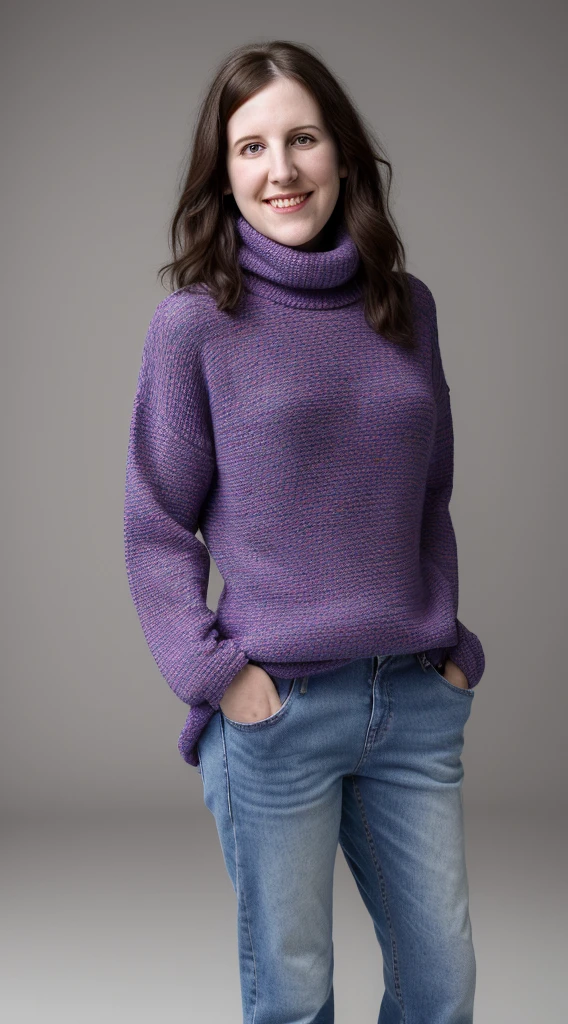 there is a woman smiling for the camera, this person does not exist, ugly woman, very silly looking, wearing a colorful turtleneck knitted sweater with baggy jeans and sneakers, george harrison-brandon davis-allison tolman merged, entire body visible, full body, hyperrealistic, best quality, 8K, real human skin, masterpiece, extremely intricate, medium closeup, detailed eyes, detailed face, detailed body, exaggerated features, pronounced features