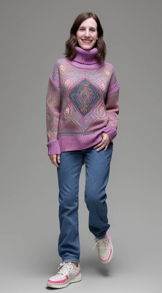there is a woman smiling for the camera, this person does not exist, ugly woman, very silly looking, wearing a colorful turtleneck knitted sweater with baggy jeans and sneakers, george harrison-brandon davis-allison tolman merged, entire body visible, full body, hyperrealistic, best quality, 8K, real human skin, masterpiece, extremely intricate, medium closeup, detailed eyes, detailed face, detailed body, exaggerated features, pronounced features