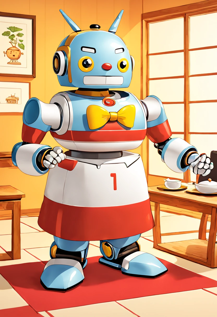 a Robot butler, tailcoat, working, by Richard Scarry, enhance, intricate, (best quality, masterpiece, Representative work, official art, Professional, unity 8k wallpaper:1.3)