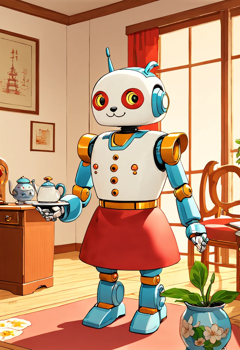 a Robot butler, tailcoat, working, by Richard Scarry, enhance, intricate, (best quality, masterpiece, Representative work, official art, Professional, unity 8k wallpaper:1.3)
