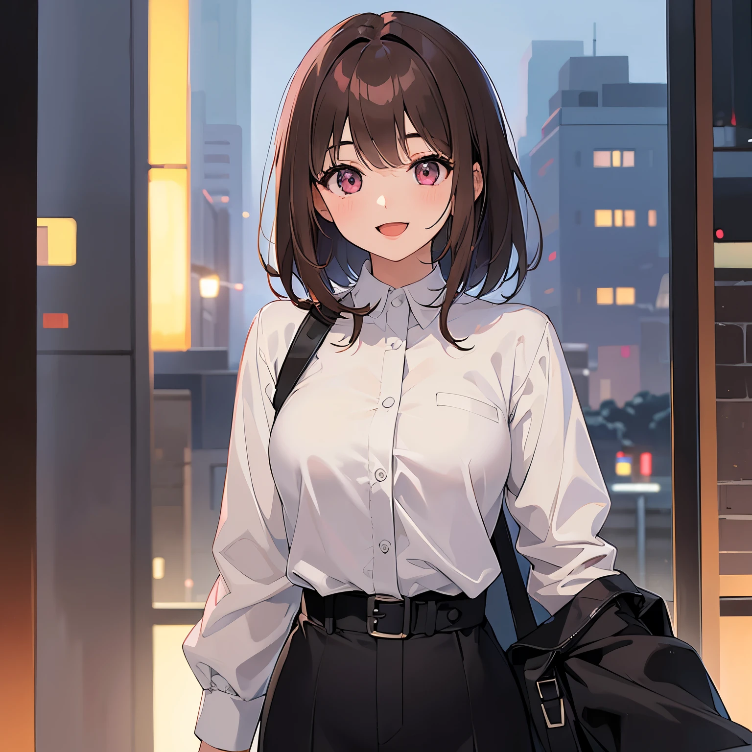 ​masterpiece、top-quality、 A 25-year-old woman with medium hair and pink eyes with brown bangs.、Wearing a gray suit、white  shirt、(smile:1.3)、open mouth, is standing、background is city at night、Bold composition、Upper body is shown、Alone、