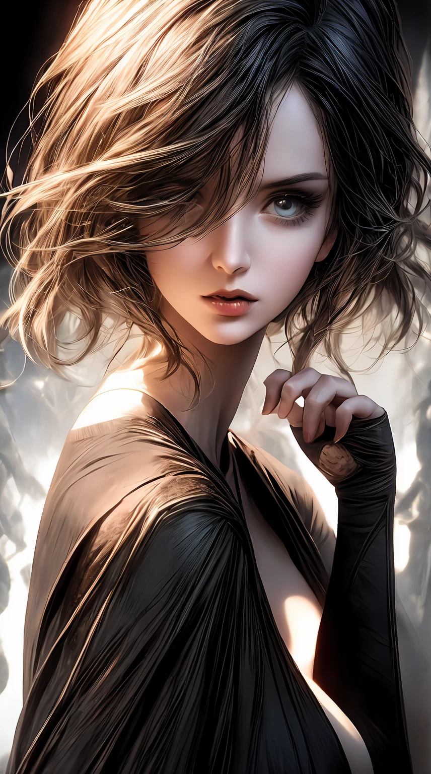 A girl covered in mud, striking a dramatic pose in a hyper-realistic cinematic scene. The artwork is inspired by the styles of Artgerm, Skottie Young, and Justin Roiland. The girl's features are extremely detailed, with beautiful eyes, lips, and long eyelashes. She exudes expressive emotions, encapsulating the essence of each artist's style. The scene is filled with vivid colors and professional lighting, emphasizing the girl's presence and creating a visually stunning effect. The artwork is meticulously created with sharp focus and ultra-fine painting techniques. The overall quality of the image is of the best, with a resolution of 4k or 8k, making it a masterpiece. The style of the artwork is evocative, reflecting elements of portraits, fantasy, and animation. The color tone is carefully chosen to enhance the cinematic atmosphere of the scene. The lighting adds depth and form to the image, casting shadows and emphasizing highlights, creating a dynamic and captivating visual experience.