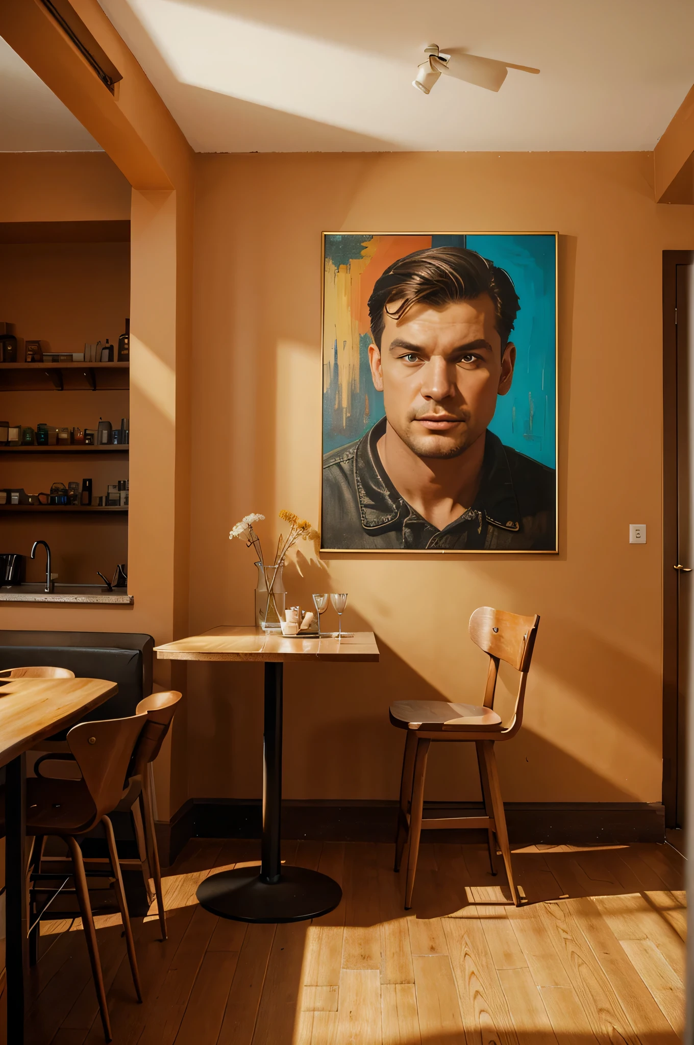 In the room, there is a bar with stools and a television on the wall. The wall is made of orange 19th-century brick, and on the floor, there is a coffee table with three chairs. A painting hangs on the wall. The artwork is in a vintage style, created by Mathias Kollros in a modern style, by Martin Benka in a modern style, by Karl Völker in a modern style, by Mario Cooper, by Jan Tengnagel in a retro style, edited by Maksimilijan Vanka, and by Stefan Gierowski.