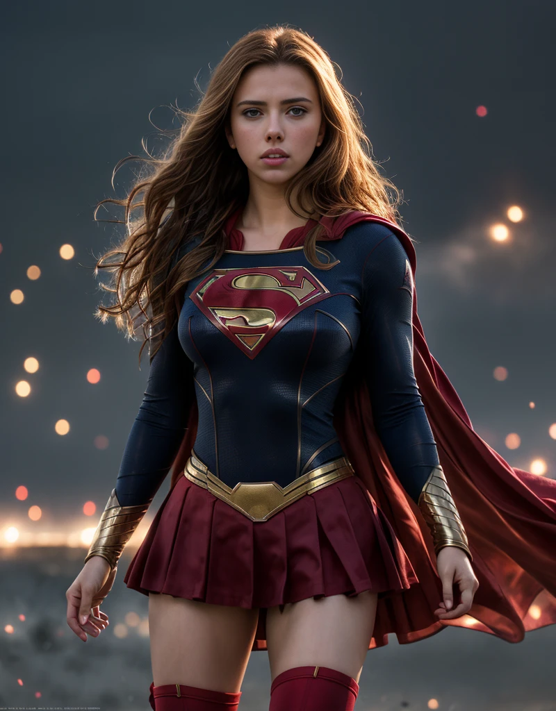 tmasterpiece，Highest image quality，super detailing，Best quality ,Extremely Delicately Beautiful, Very meticulous,Best quality, offcial art, extremely detaild的 CG unified 8k wallpapers,Scarlett Johansson plays the hottest superwoman，Beautiful superwoman costume，superwoman miniskirt，Supergirl tights，