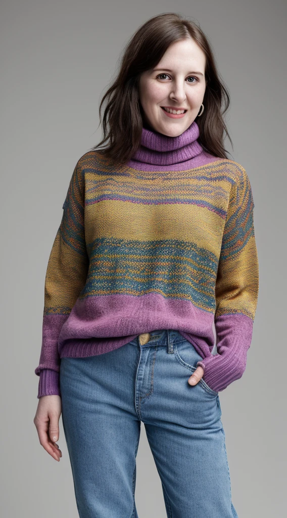 there is a woman smiling for the camera, this person does not exist, ugly woman, very silly looking, wearing a colorful turtleneck knitted sweater with baggy jeans and sneakers, george harrison-brandon davis-allison tolman merged, entire body visible, full body, hyperrealistic, best quality, 8K, real human skin, masterpiece, extremely intricate, medium closeup, detailed eyes, detailed face, detailed body, exaggerated features, pronounced features