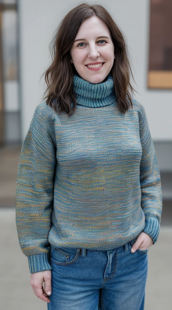 there is a woman smiling for the camera, this person does not exist, ugly woman, very silly looking, wearing a colorful turtleneck knitted sweater with baggy jeans and sneakers, george harrison-brandon davis-allison tolman merged, entire body visible, full body, hyperrealistic, best quality, 8K, real human skin, masterpiece, extremely intricate, medium closeup, detailed eyes, detailed face, detailed body, exaggerated features, pronounced features