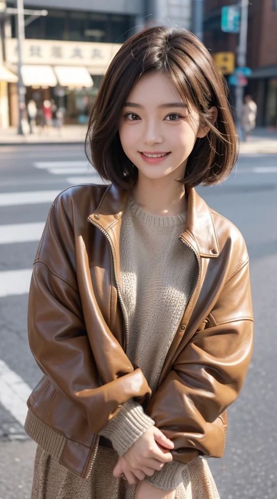 quality、image quality、8K分辨率、cute women，chineseidol，15year old，with perfect style、combed brown hair，Short hair detailclusive leather jacket、Light colored sweaters、the street、The smile is bright, Detailed faces, 詳細な目,
