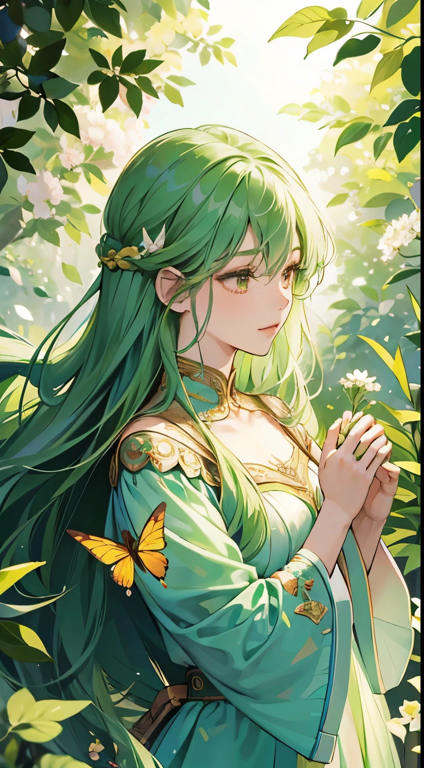 One lady、Green hair、INFP、Long hair、goddess like、holding flowers、Fairy、Praying Girl、butterflys々Fluttering