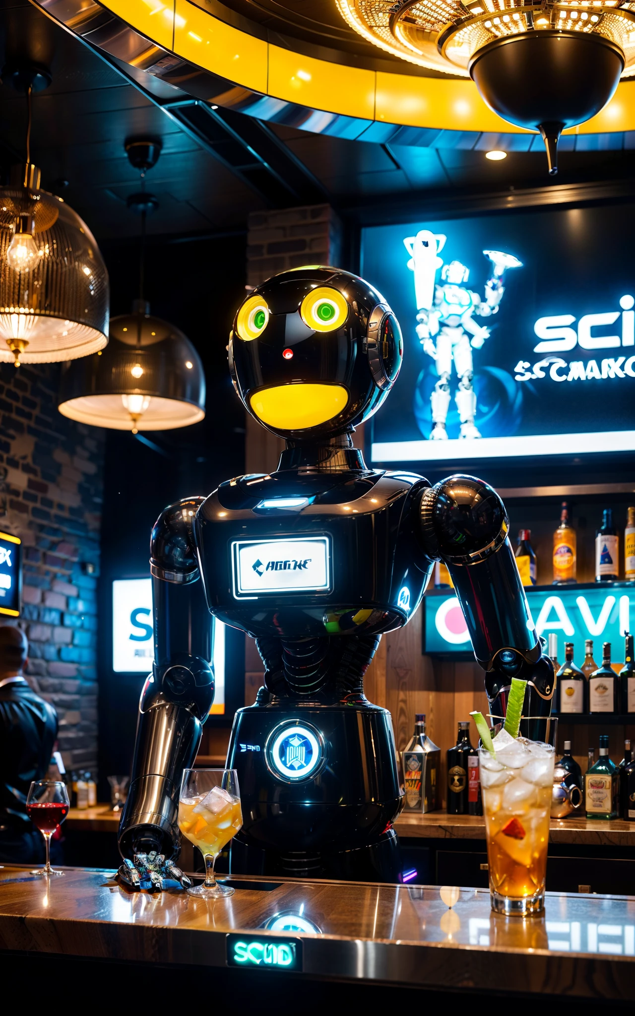 A robot Butler in a bustling sci-fi space station, its sleek metallic design complementing the high-tech environment, serving drinks to diverse humanoid and alien patrons in a lively, neon-lit bar, the scene filled with laughter and conversations, conveying a sense of camaraderie and intergalactic socializing