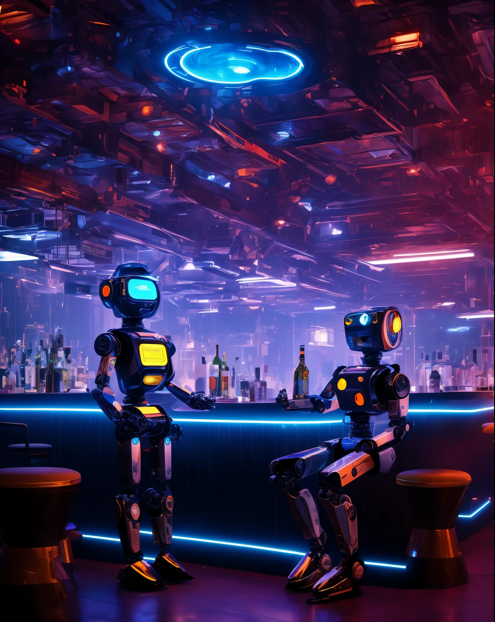 A robot Butler in a bustling sci-fi space station, its sleek metallic design complementing the high-tech environment, serving drinks to diverse humanoid and alien patrons in a lively, neon-lit bar, the scene filled with laughter and conversations, conveying a sense of camaraderie and intergalactic socializing