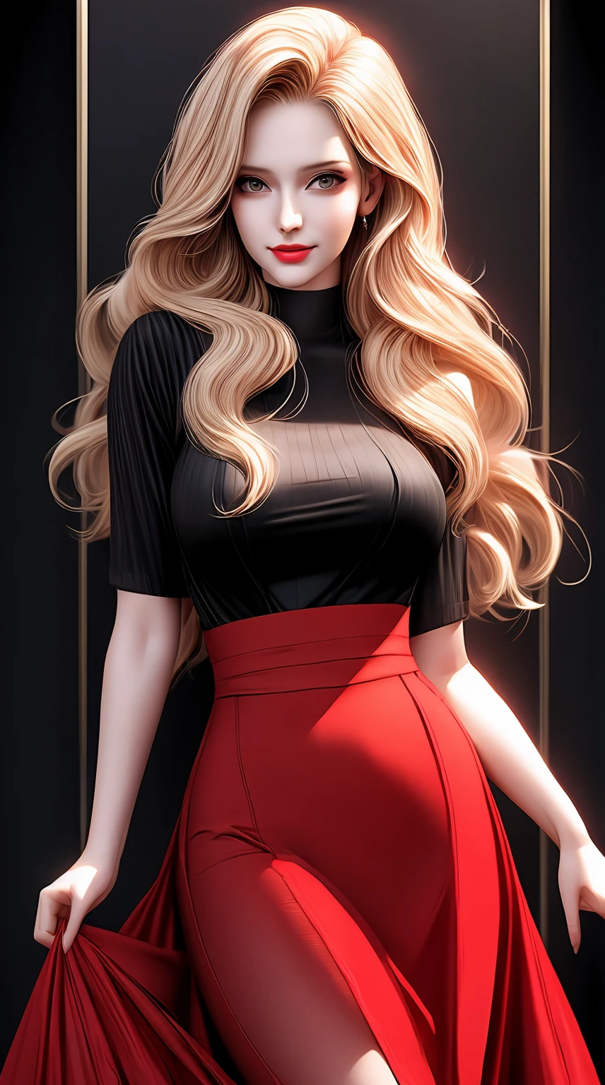 a woman with long blonde hair wearing a red skirt and black top,big laughter, trending on artstration, beautiful digital artwork, stunning art style, beautiful artwork, high quality portrait, high quality digital painting, black art, stunning artwork, realistic digital art 4 k, realistic digital art 4k,  girl fanart, gorgeous art, realistic artstyle, high quality 16k digital art