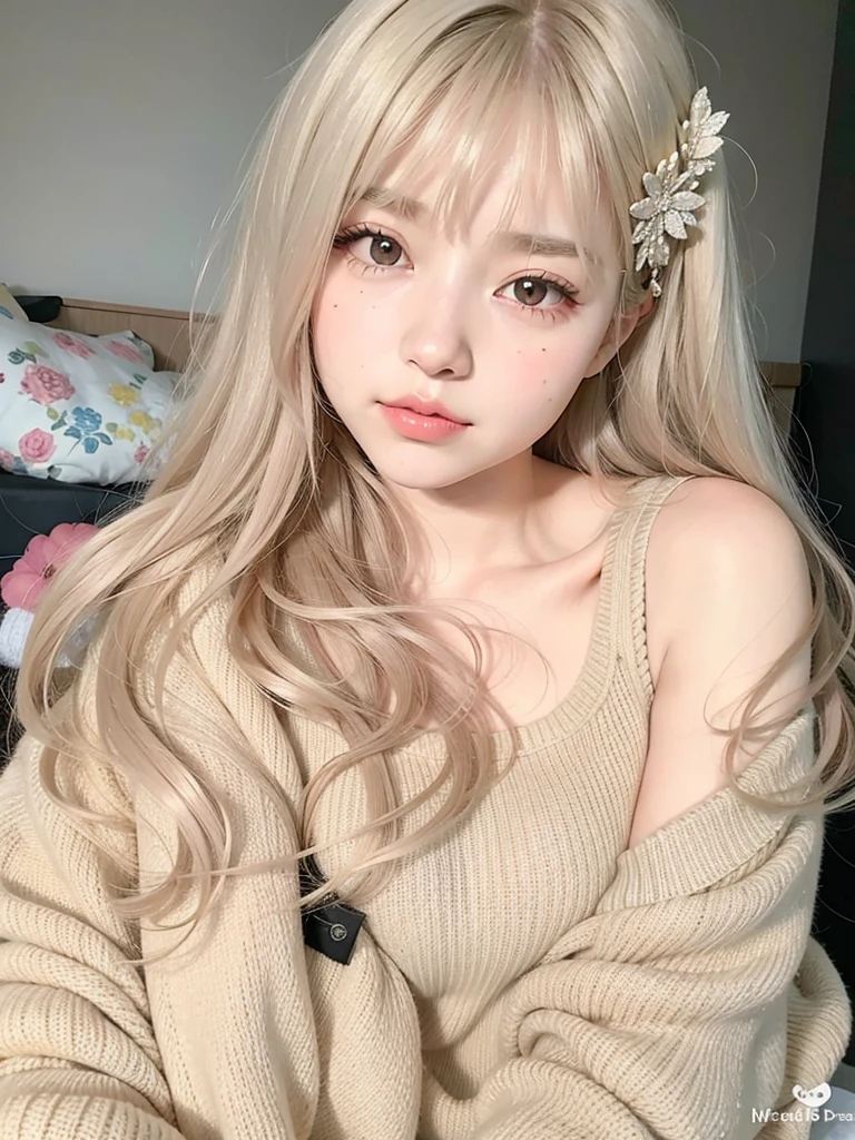 a closeup of a person with long hair and a sweater, ulzzang, Cabello beige, Cabello largo y rubio y ojos grandes, Linda chica kawaii, Peinado blanco de corte hime, Retrato realista kawaii, con cabello largo y ojos penetrantes, Chica de anime en la vida real, Pelo largo con flequillo, Linda cara de anime natural, Cabello largo y rubio y ojos grandes, con pelo largo blanco