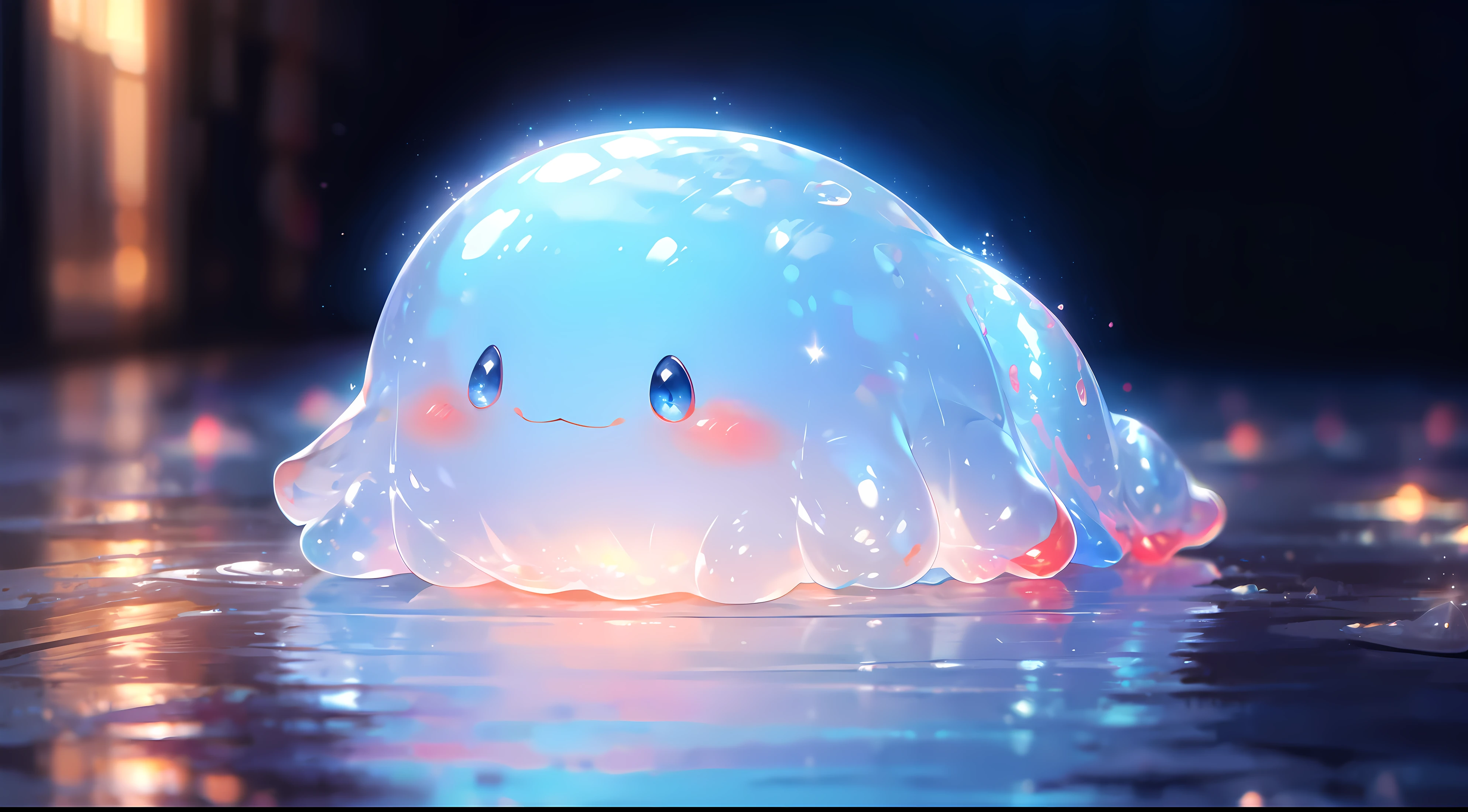 A shiny blue and red slime, cute face,vibrant and translucent texture, slime stretching and squishing, detailed, mesmerizing patterns and swirls, sparkling and reflecting light, satisfying to touch and play with, high-res masterpiece, vivid colors, illuminated with soft studio lighting.