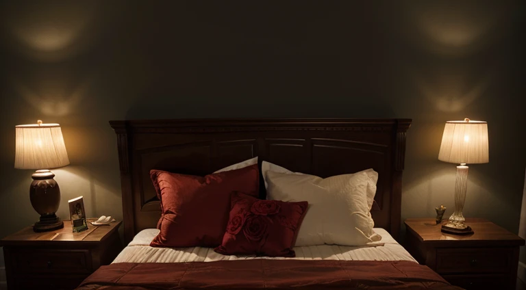 a dark wood nightstand shelf in a dark room, a few beams of cinematic dramatic light. on the dresser there are some white candles and sexy red women's panties with laces, the room is dark and lit with candles, contrast and drama that gives a wonderful ambiance that creates a hot ambiance, a sexual accent and evokes passions, intimacy, some dry twigs and plants and red roses, cinematic, sexy, hot, beautiful arrangement and decoration. painted from an overhead perspective, there is no bed. PANTIES, ROSE, red and warm dark cholor sheme, close up, f1.8, blured background