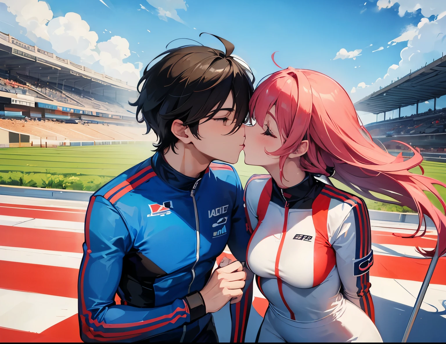 A couple (male and female), kiss in racing track, cupping cheeks, bring a pole with a flag, racing outfit,happy, happy_atmosphere,landscape