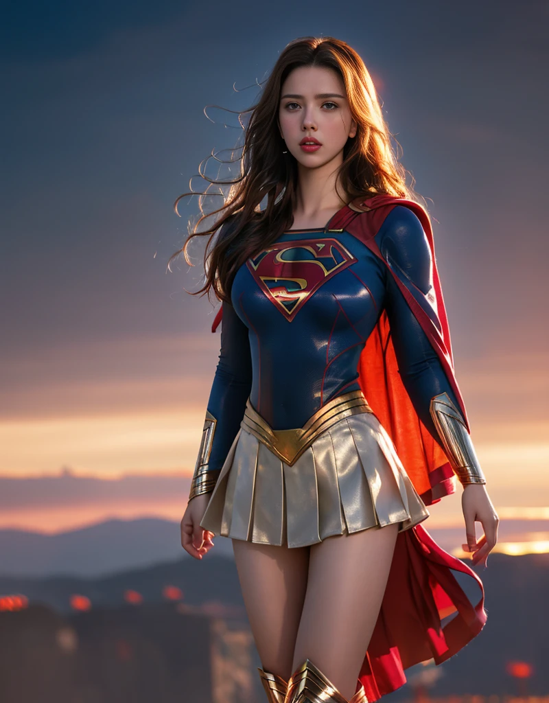 tmasterpiece，Highest image quality，super detailing，Best quality ,Extremely Delicately Beautiful, Very meticulous,Best quality, offcial art, extremely detaild的 CG unified 8k wallpapers,Scarlett Johansson plays the hottest superwoman，Beautiful superwoman costume，superwoman miniskirt，Supergirl tights，