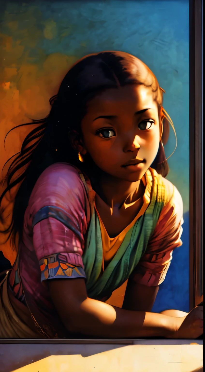 ((Centered,Solo Beautiful Sudanese black woman with dark skin, realistic striking eyes1:1)), casual shirt, mid shot, low angle, sitting against a colorful shadowed painted bedroom wall, art by akihiko yoshida, manga art style, colorfield illustration, mysterious atmosphere, global illumination, by frank frazetta, by goro fujita, blur, anime key visual, (blue, yellow and peach colors), photorealistic, golden ratio, dramatic, long black hair, UHD, intricately detailed, chiaroscuro, pino daeni, impressionist