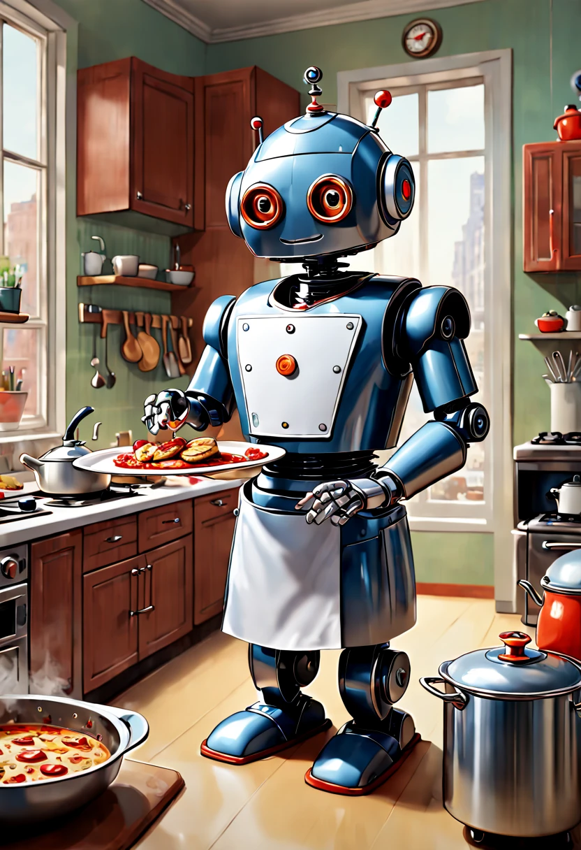 a Robot butler, tailcoat, working, by Richard Scarry, enhance, intricate, (best quality, masterpiece, Representative work, official art, Professional, unity 8k wallpaper:1.3)